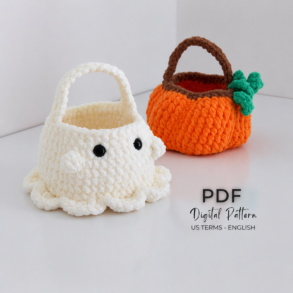 5 in 1 No Sew Boo Basket Crochet Pattern PDF | Halloween Crochet Basket | Spider Pumpkin Ghost Frankenstein Candy Corn Pattern Bundle