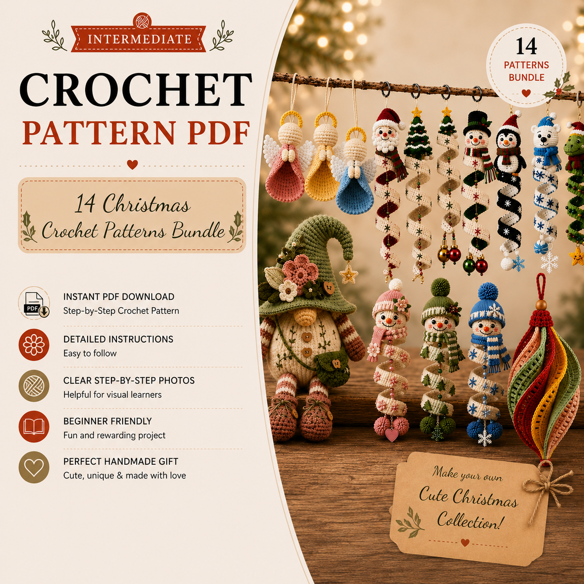 14 Christmas Crochet Patterns Bundle PDF |  Christmas Ornament Crochet Pattern |  Santa Snowman Angel Gnome | Spiral Hanging Decor