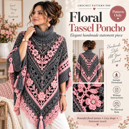 Elegant Floral Poncho Crochet Pattern PDF | Boho Crochet Poncho | Floral Lace Shawl Pattern | Crochet Wrap Pattern | Women's Crochet Clothing