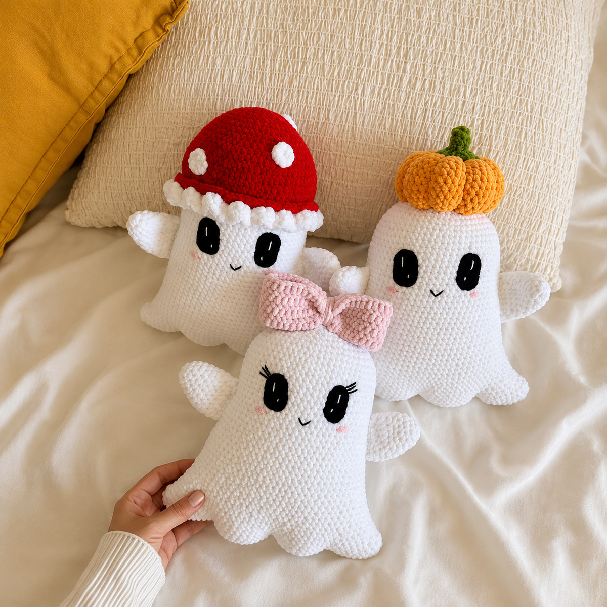 3-in-1 Little Boo Ghost Crochet Pattern PDF, Cute Halloween Amigurumi Ghosts | Pumpkin Mushroom & Bow Plush |Spooky Crochet Pattern