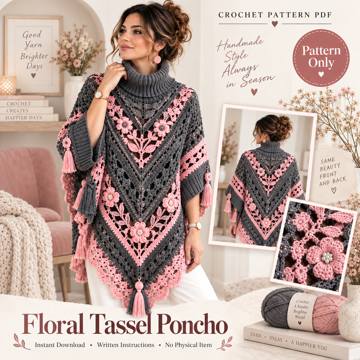Elegant Floral Poncho Crochet Pattern PDF | Boho Crochet Poncho | Floral Lace Shawl Pattern | Crochet Wrap Pattern | Women's Crochet Clothing