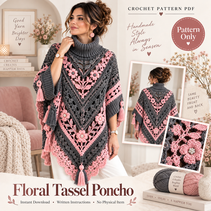 Elegant Floral Poncho Crochet Pattern PDF | Boho Crochet Poncho | Floral Lace Shawl Pattern | Crochet Wrap Pattern | Women's Crochet Clothing