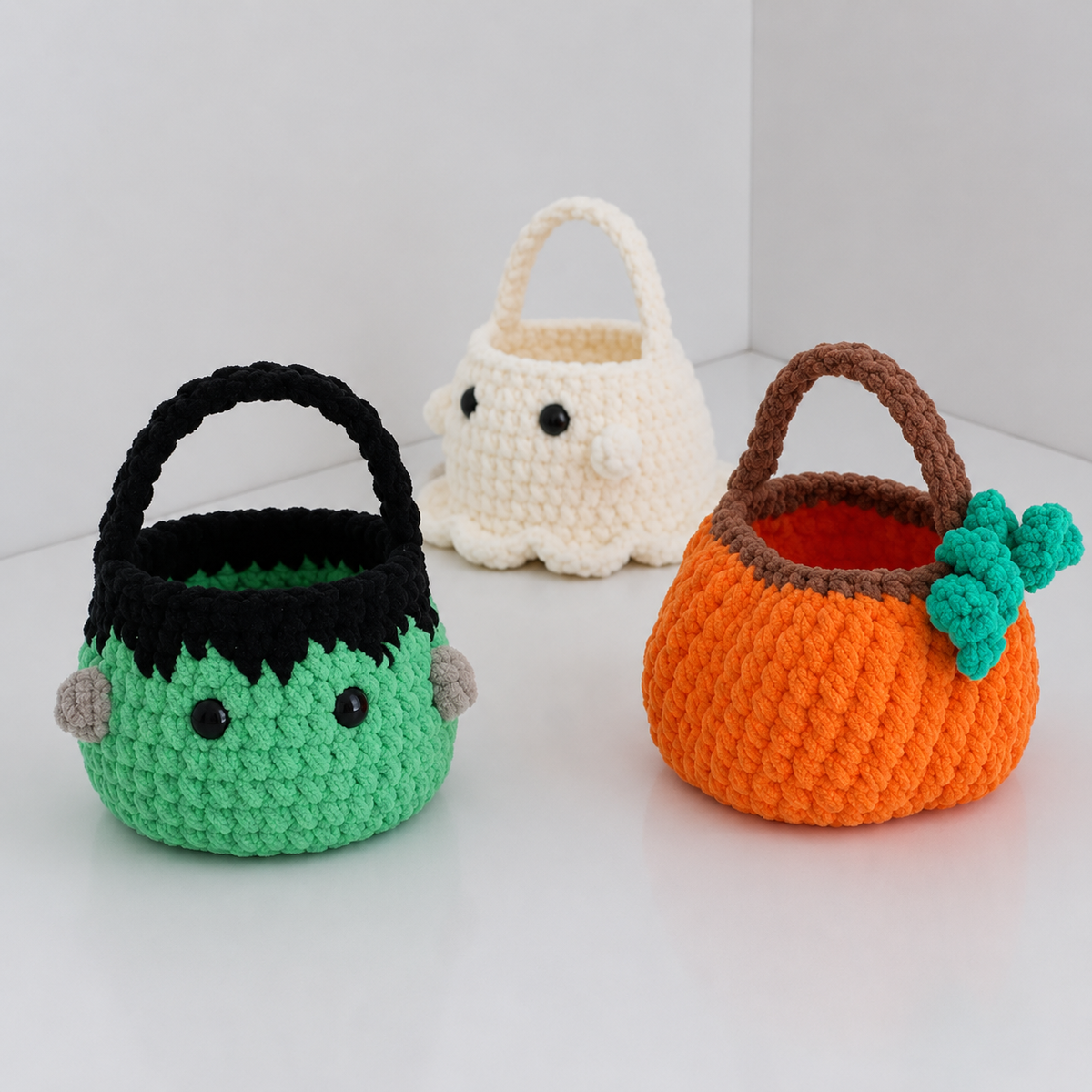 5 in 1 No Sew Boo Basket Crochet Pattern PDF | Halloween Crochet Basket | Spider Pumpkin Ghost Frankenstein Candy Corn Pattern Bundle