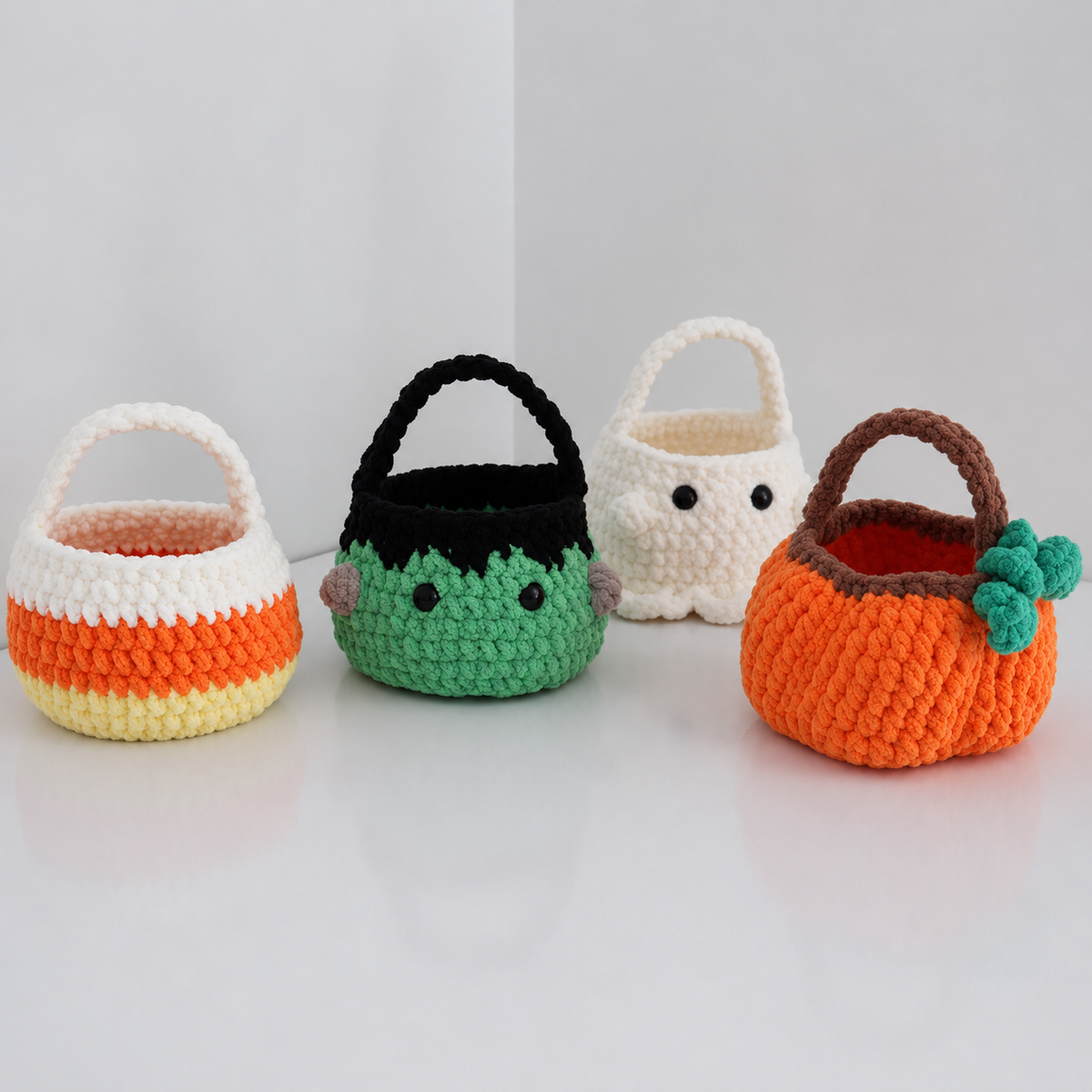5 in 1 No Sew Boo Basket Crochet Pattern PDF | Halloween Crochet Basket | Spider Pumpkin Ghost Frankenstein Candy Corn Pattern Bundle