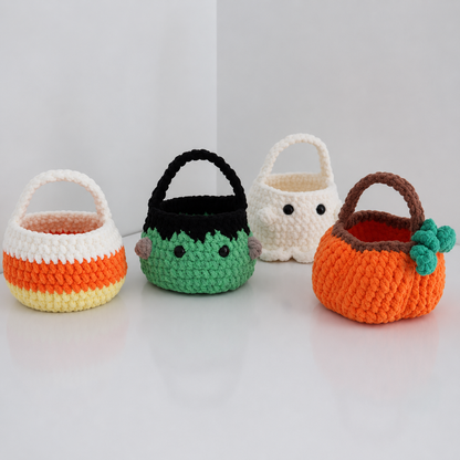 5 in 1 No Sew Boo Basket Crochet Pattern PDF | Halloween Crochet Basket | Spider Pumpkin Ghost Frankenstein Candy Corn Pattern Bundle