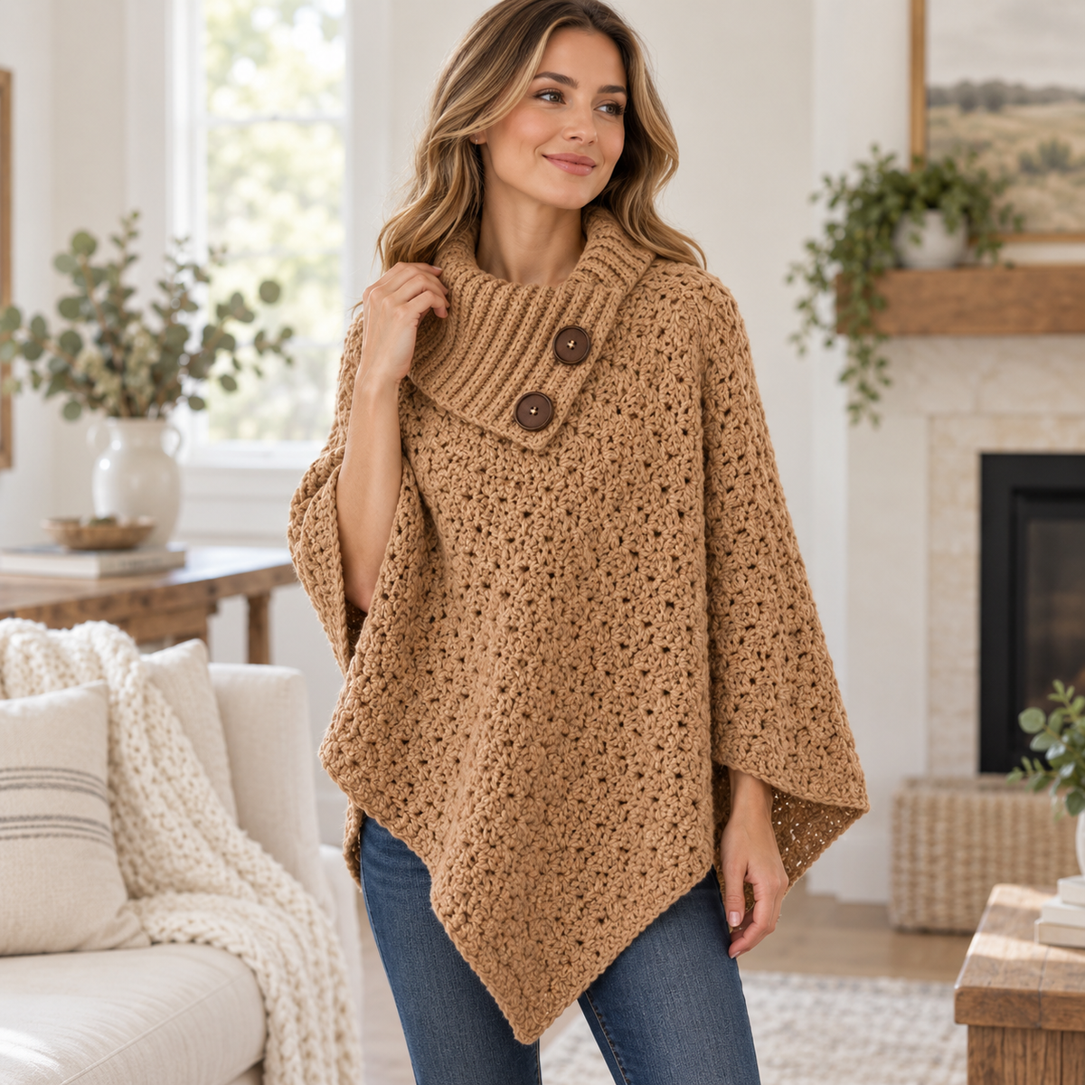 Crochet Poncho with Collar Pattern PDF | Women's Crochet Poncho Pattern | Cozy Cowl Neck Poncho | Elegant Crochet Cape | Fall Winter Crochet Clothing