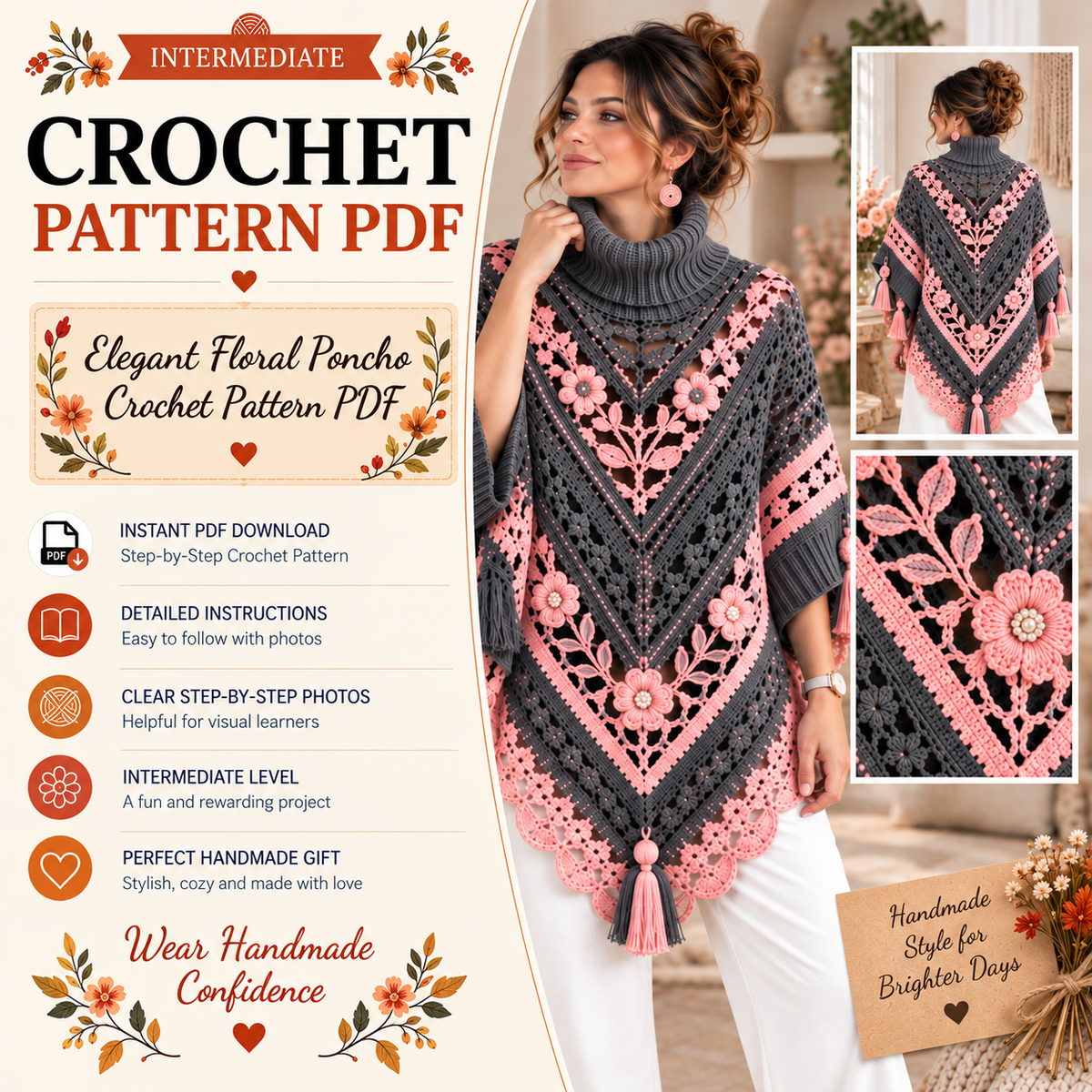 Elegant Floral Poncho Crochet Pattern PDF | Boho Crochet Poncho | Floral Lace Shawl Pattern | Crochet Wrap Pattern | Women's Crochet Clothing