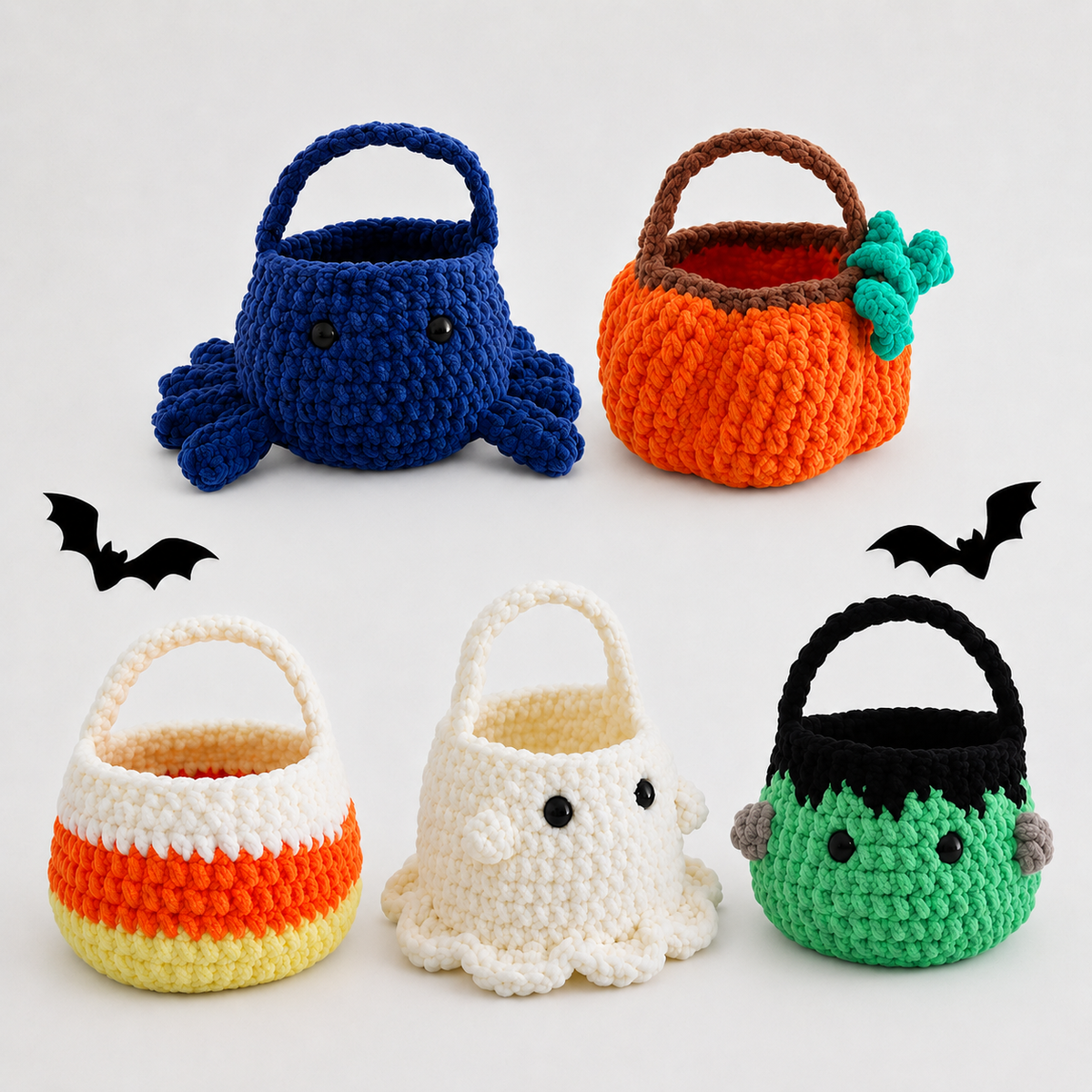 5 in 1 No Sew Boo Basket Crochet Pattern PDF | Halloween Crochet Basket | Spider Pumpkin Ghost Frankenstein Candy Corn Pattern Bundle