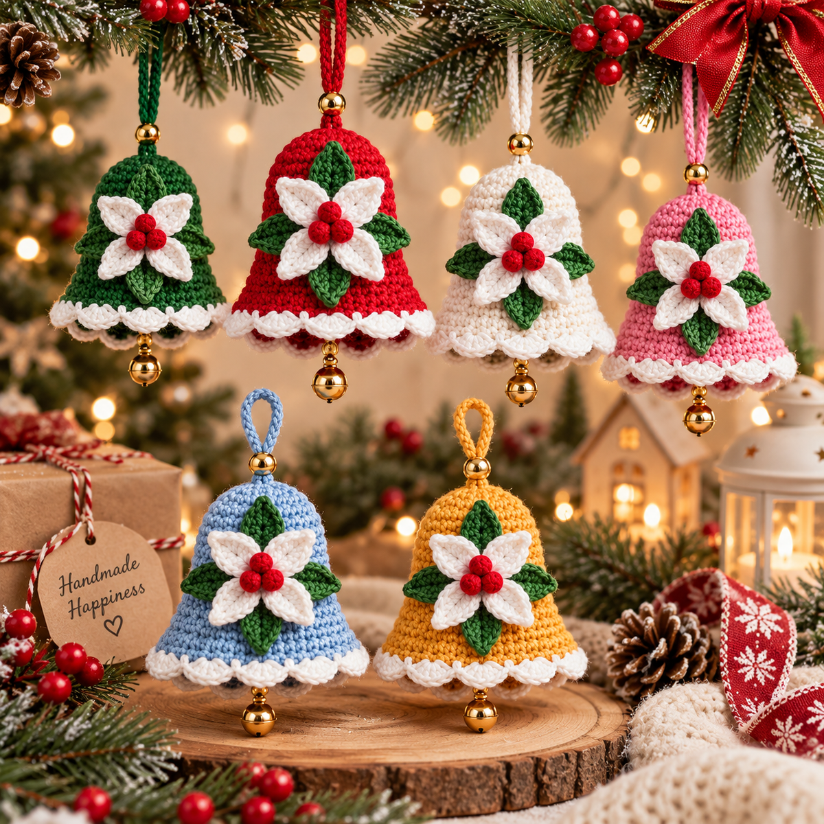 Christmas Bell Crochet Pattern PDF | Crochet Christmas Ornament | Holiday Bell Hanging Decor | Poinsettia Bell Pattern