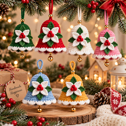 Christmas Bell Crochet Pattern PDF | Crochet Christmas Ornament | Holiday Bell Hanging Decor | Poinsettia Bell Pattern