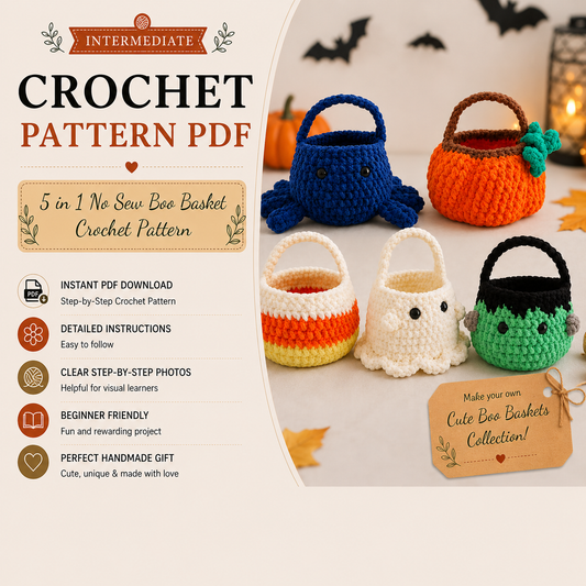 5 in 1 No Sew Boo Basket Crochet Pattern PDF | Halloween Crochet Basket | Spider Pumpkin Ghost Frankenstein Candy Corn Pattern Bundle
