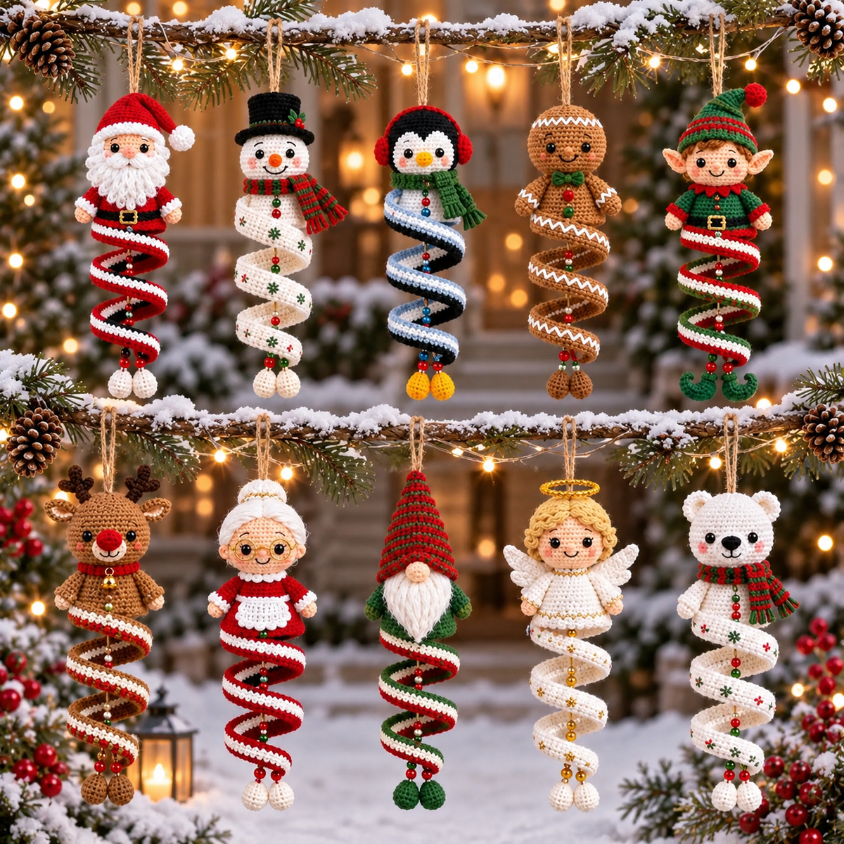 10 Christmas Spiral Ornaments Crochet Pattern Bundle PDF | Santa Snowman Gnome Elf Crochet Patterns | Amigurumi Christmas Hanging Decor