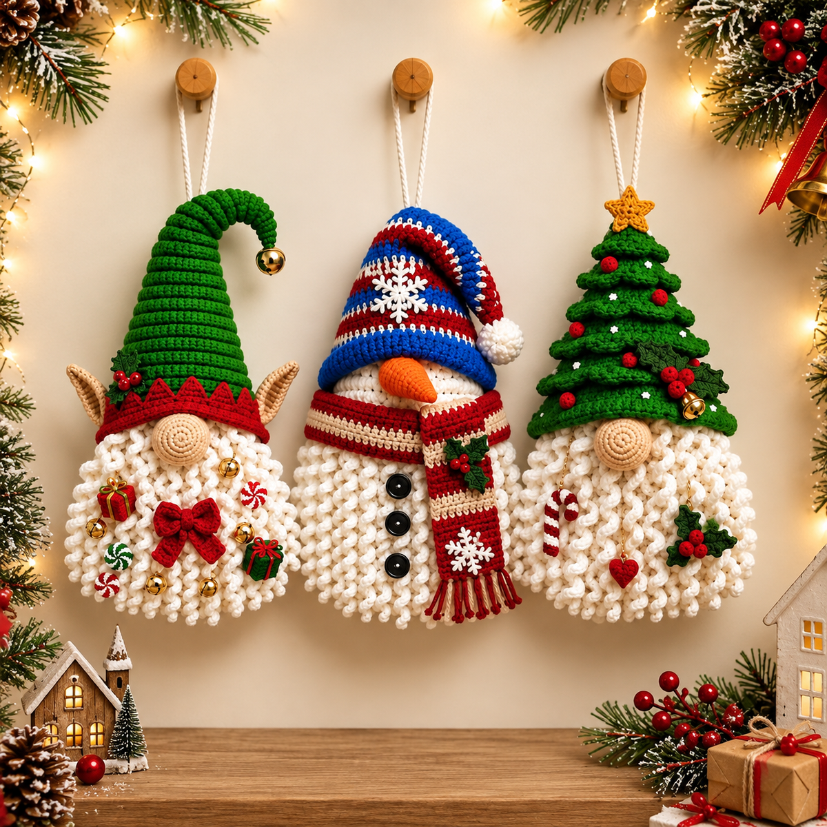 3-in-1 Christmas Gnome Crochet Pattern PDF | Crochet Gnome Door Hanger | Christmas Hanging Decor | Holiday Gnome Ornament | Festive Home Decor