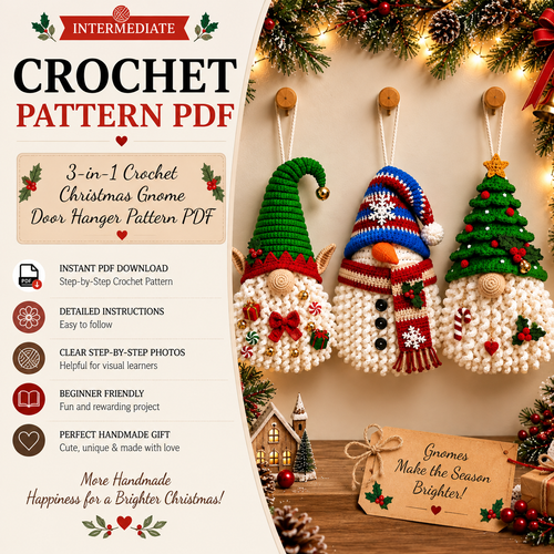 3-in-1 Christmas Gnome Crochet Pattern PDF | Crochet Gnome Door Hanger | Christmas Hanging Decor | Holiday Gnome Ornament | Festive Home Decor