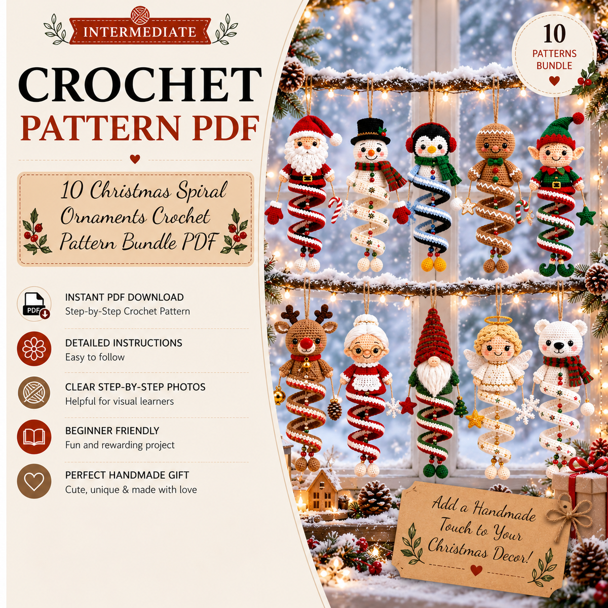 10 Christmas Spiral Ornaments Crochet Pattern Bundle PDF | Santa Snowman Gnome Elf Crochet Patterns | Amigurumi Christmas Hanging Decor