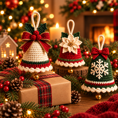 3-in-1 Crochet Christmas Bell Ornament Pattern PDF | Christmas Tree Decorations | Poinsettia, Snowflake & Bow Bell | Holiday Crochet Pattern