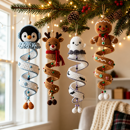4-in-1 Christmas Spiral Ornament Crochet Pattern PDF |  Penguin Reindeer Ghost Gingerbread Hanging Decor | Xmas Wind Spinner Crochet Pattern