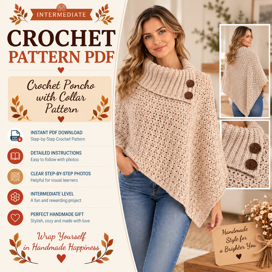 Crochet Poncho with Collar Pattern PDF | Women's Crochet Poncho Pattern | Cozy Cowl Neck Poncho | Elegant Crochet Cape | Fall Winter Crochet Clothing