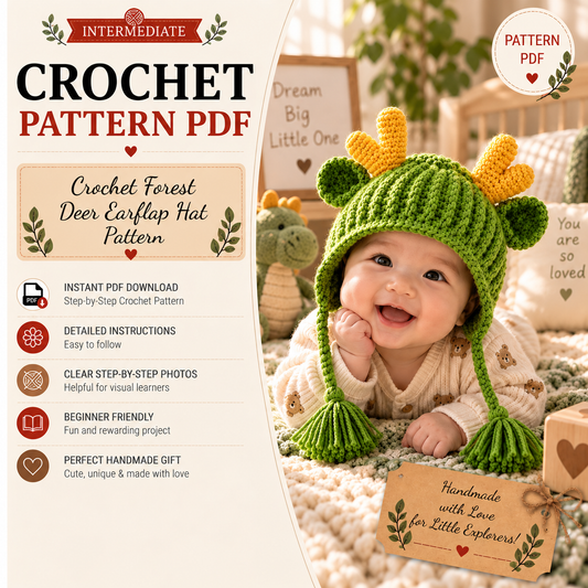 Baby Deer Earflap Hat Crochet Pattern PDF | Woodland Animal Hat | Crochet Baby Hat Pattern | Forest Deer Hat | Baby Shower Gift