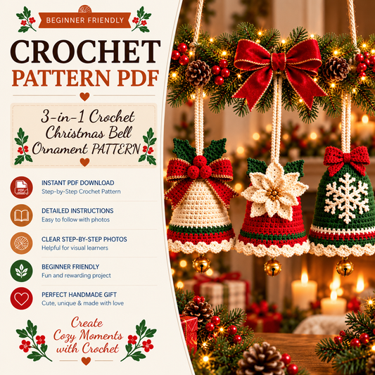 3-in-1 Crochet Christmas Bell Ornament Pattern PDF | Christmas Tree Decorations | Poinsettia, Snowflake & Bow Bell | Holiday Crochet Pattern