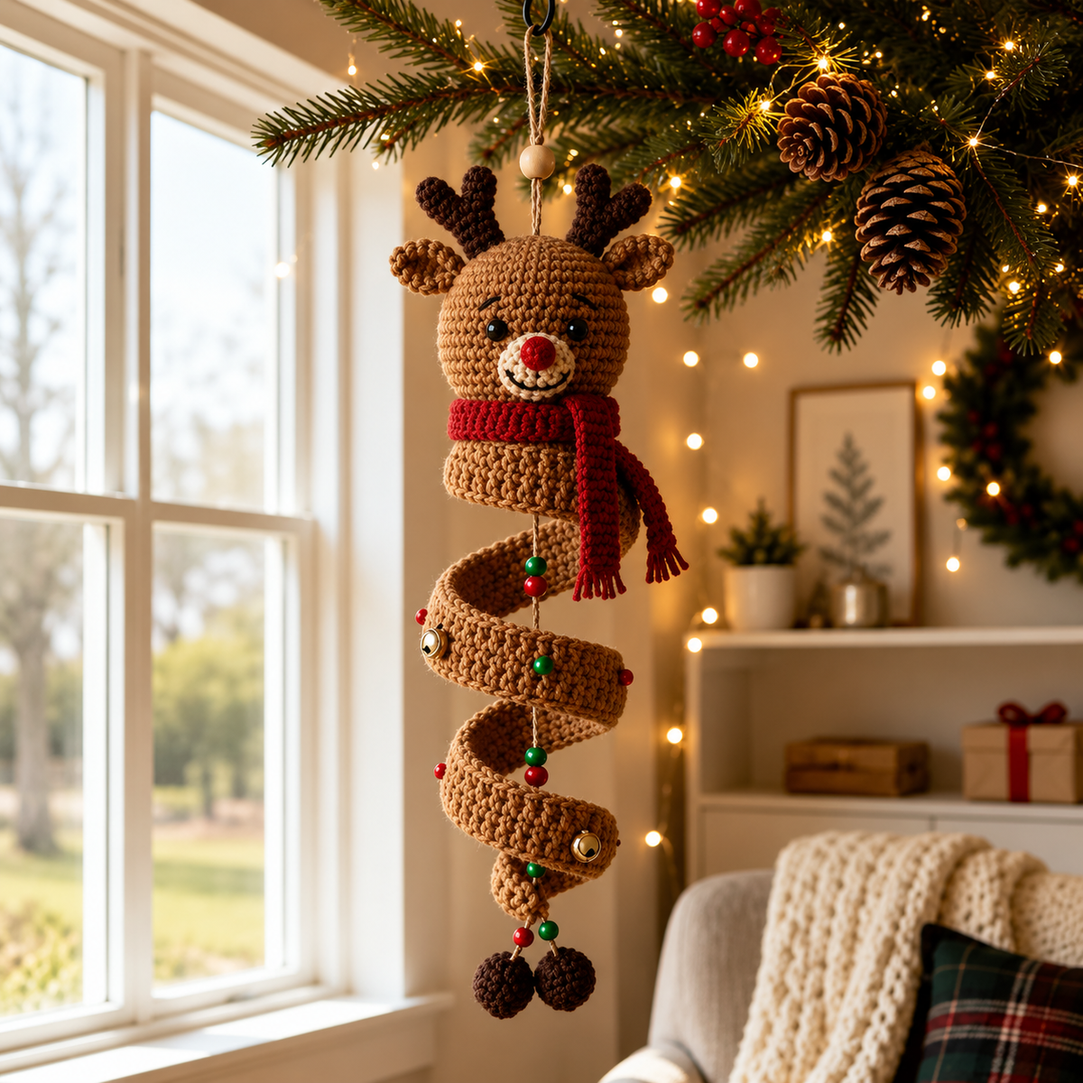 4-in-1 Christmas Spiral Ornament Crochet Pattern PDF |  Penguin Reindeer Ghost Gingerbread Hanging Decor | Xmas Wind Spinner Crochet Pattern