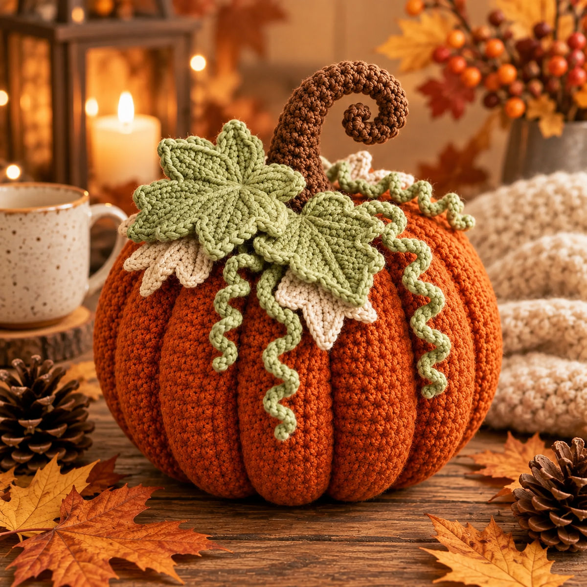 Crochet Pumpkin Pattern PDF | Large Fall Pumpkin Decor | Thanksgiving Crochet Pattern | Layered Leaf Pumpkin | Autumn Home Decor