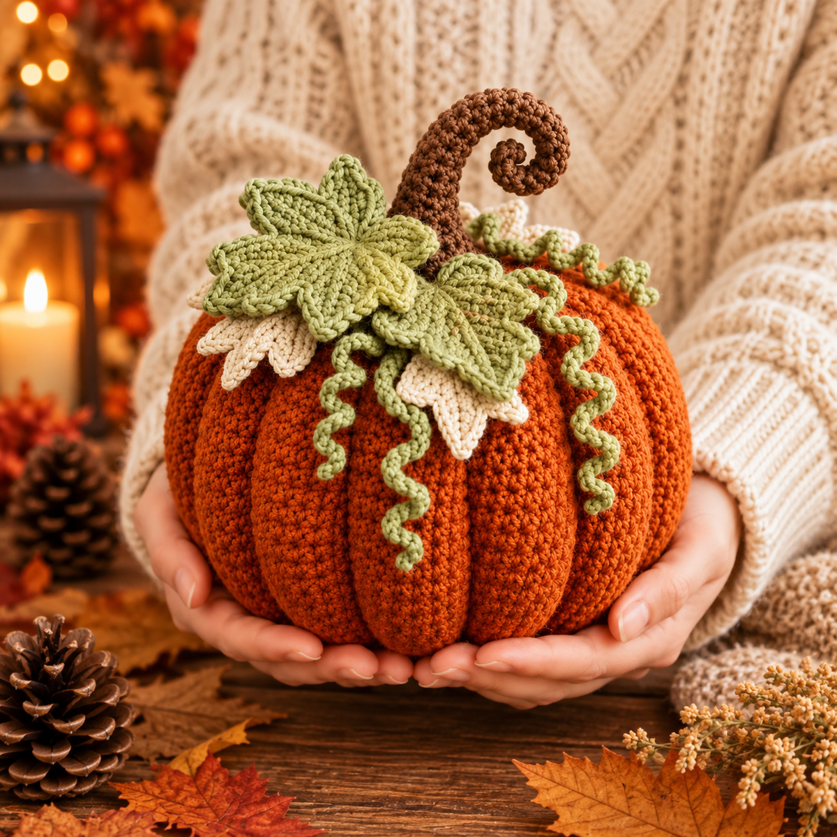 Crochet Pumpkin Pattern PDF | Large Fall Pumpkin Decor | Thanksgiving Crochet Pattern | Layered Leaf Pumpkin | Autumn Home Decor