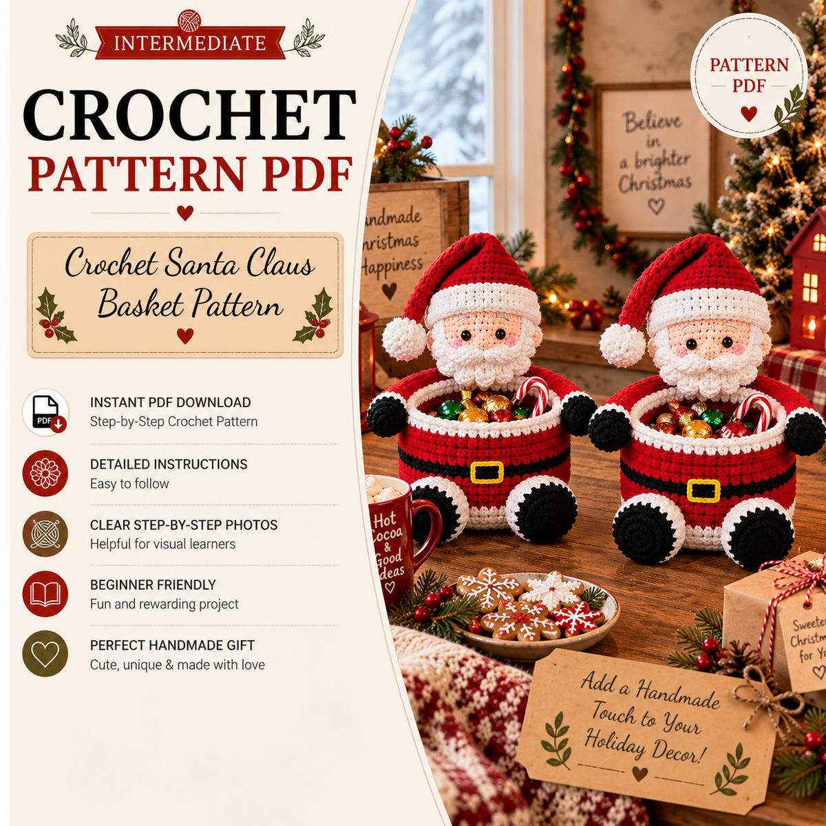 Santa Claus Basket Crochet Pattern PDF |  Christmas Candy Basket Pattern | Crochet Santa Treat Holder | Holiday Christmas Decor Pattern