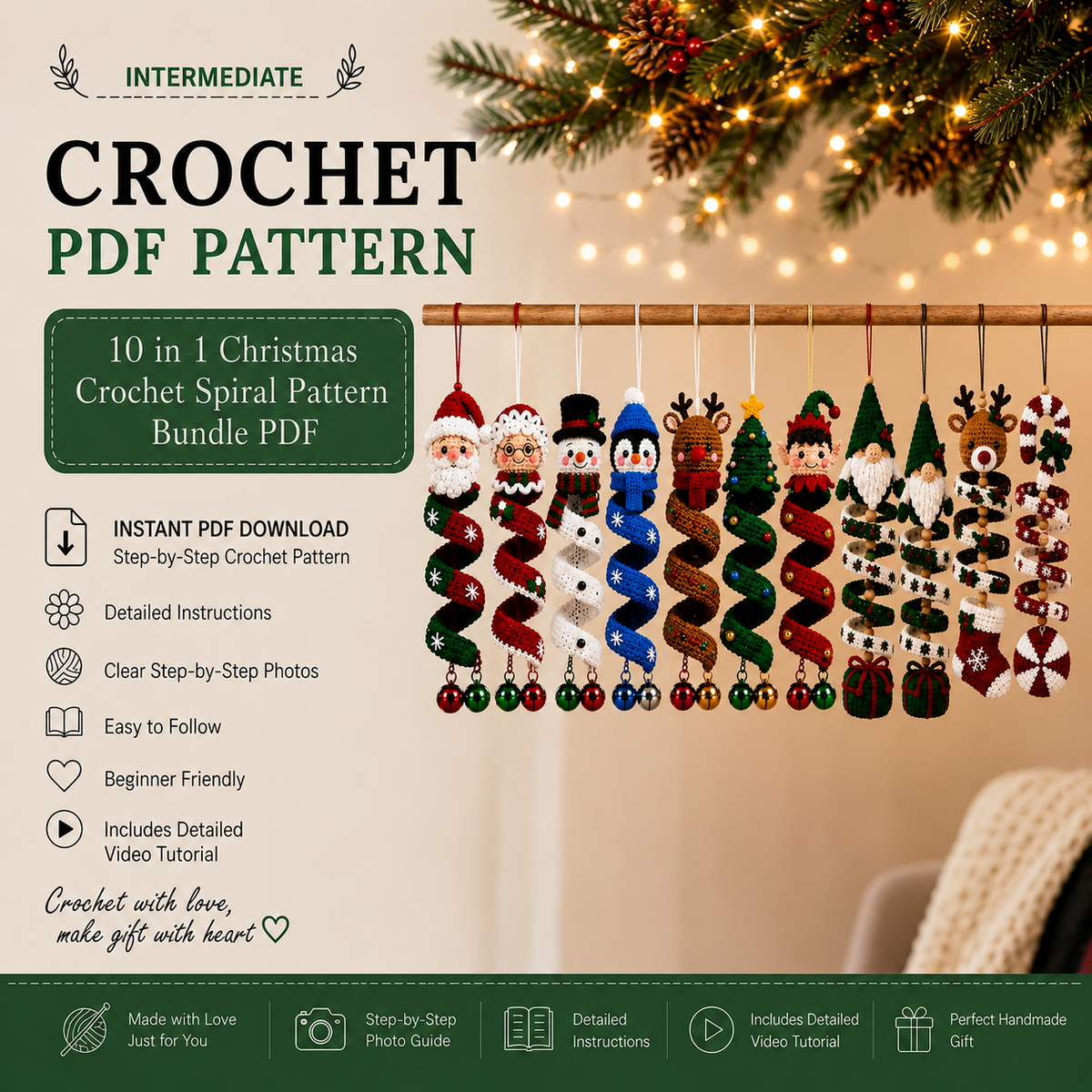 10 in 1 Christmas Crochet Spiral Pattern Bundle PDF | Santa Snowman Reindeer Penguin Elf Gnome | Christmas Ornament Crochet Pattern