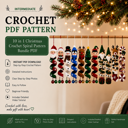 10 in 1 Christmas Crochet Spiral Pattern Bundle PDF | Santa Snowman Reindeer Penguin Elf Gnome | Christmas Ornament Crochet Pattern
