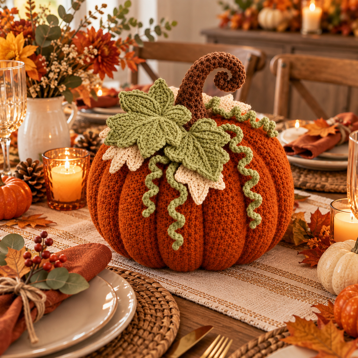 Crochet Pumpkin Pattern PDF | Large Fall Pumpkin Decor | Thanksgiving Crochet Pattern | Layered Leaf Pumpkin | Autumn Home Decor