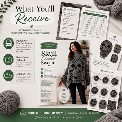 Skull Lace Poncho Crochet Pattern PDF | Gothic Crochet Top with Turtleneck | Halloween Skull Sweater | Dark Goth Clothing Digital Pattern