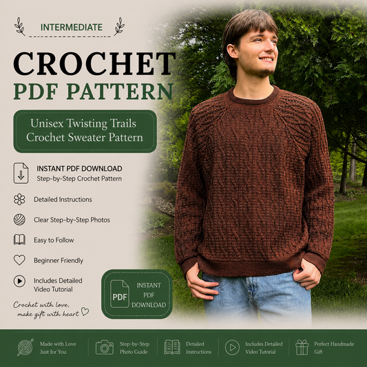 Unisex Twisting Trails Crochet Sweater Pattern PDF | Textured Cable Pullover, Raglan Crochet Jumper | Men & Women Sweater Digital Pattern