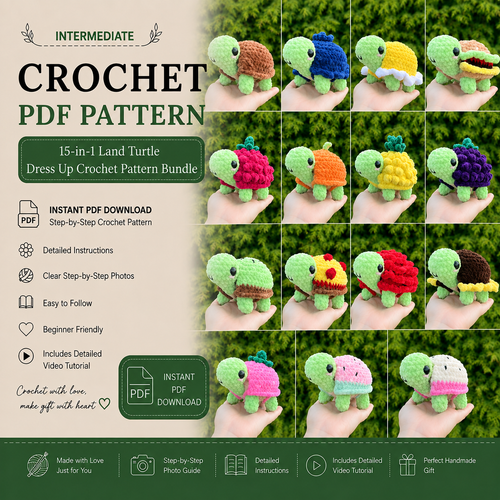 15-in-1 Turtle Crochet Pattern Bundle PDF | Dress Up Amigurumi Turtle with Removable Shells | Fruit Food Flower Turtle Digital Pattern