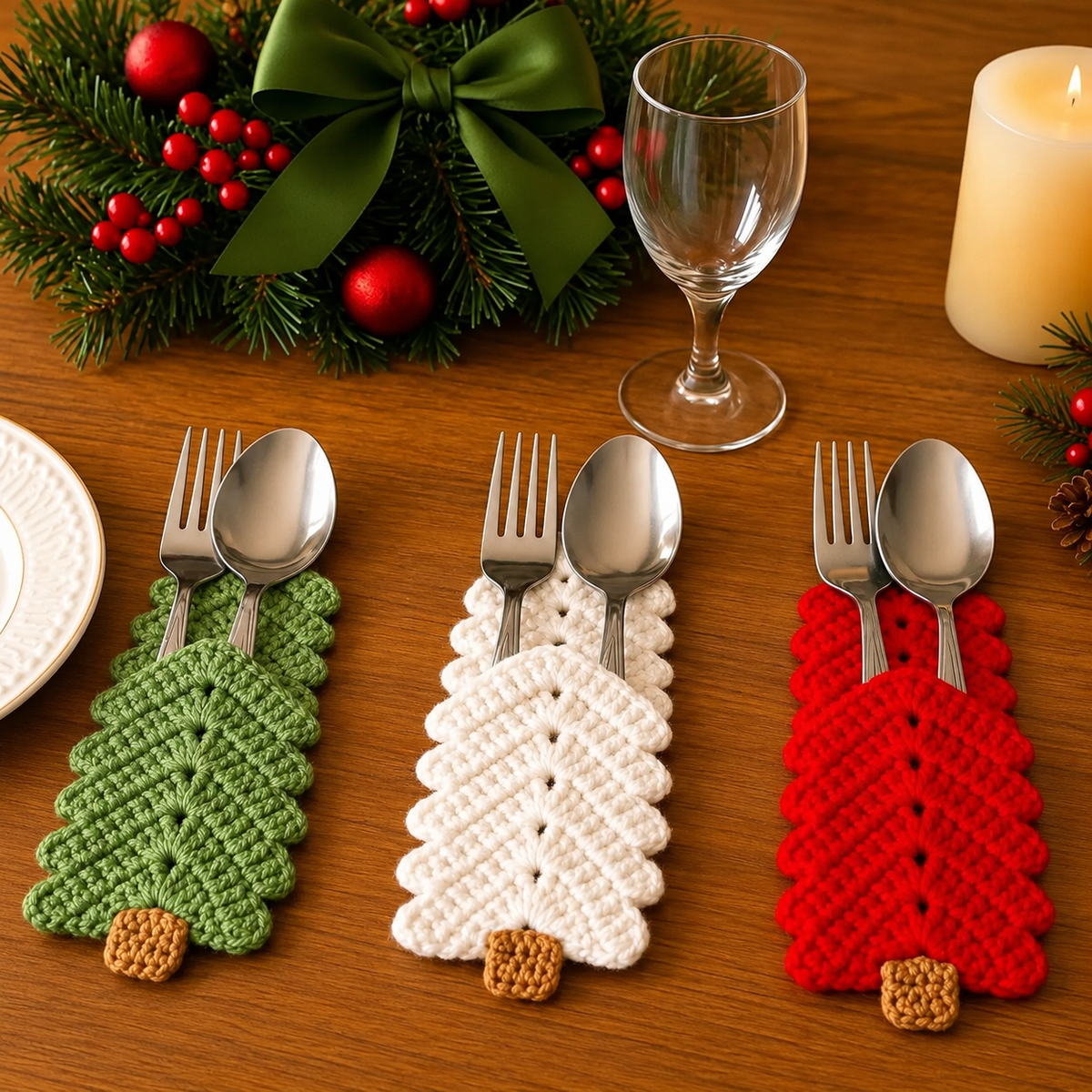Christmas Tree Cutlery Holder Crochet Pattern PDF |  Christmas Table Decor | Holiday Silverware Holder | Xmas Place Setting Crochet Pattern