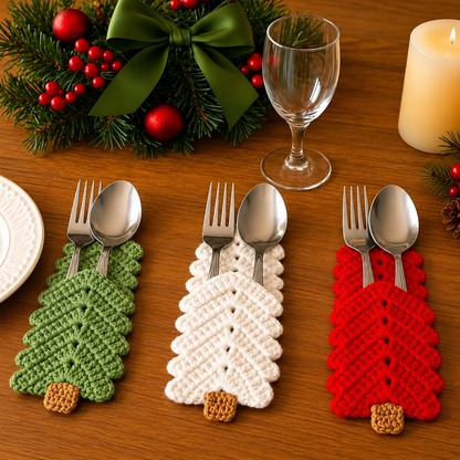 Christmas Tree Cutlery Holder Crochet Pattern PDF |  Christmas Table Decor | Holiday Silverware Holder | Xmas Place Setting Crochet Pattern