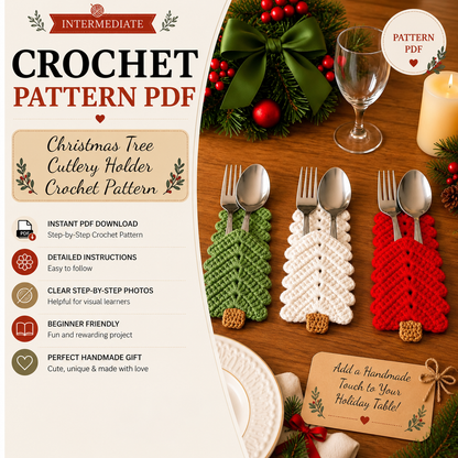 Christmas Tree Cutlery Holder Crochet Pattern PDF |  Christmas Table Decor | Holiday Silverware Holder | Xmas Place Setting Crochet Pattern