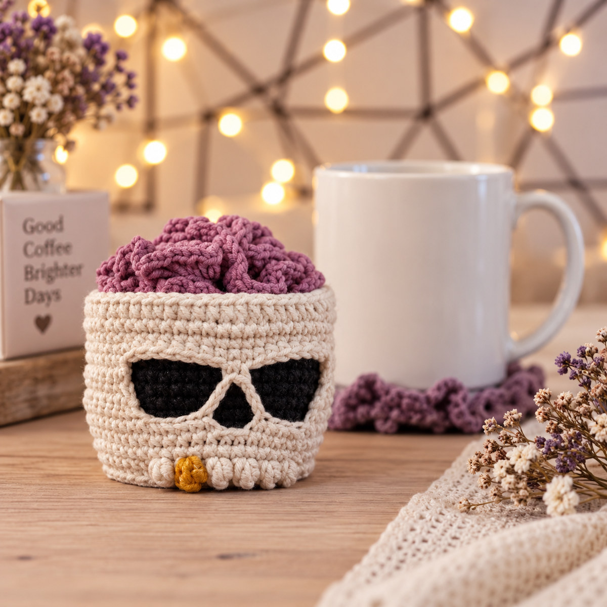 Brainy Skull Coaster Set Crochet Pattern PDF | Halloween Crochet Decor | Skull Coaster Holder | Gothic Home Decor | Spooky Crochet Pattern