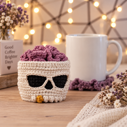 Brainy Skull Coaster Set Crochet Pattern PDF | Halloween Crochet Decor | Skull Coaster Holder | Gothic Home Decor | Spooky Crochet Pattern