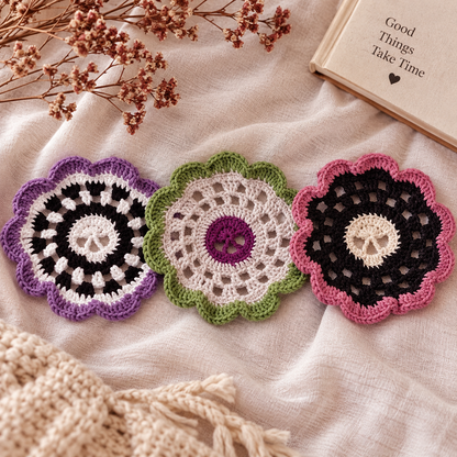 Brainy Skull Coaster Set Crochet Pattern PDF | Halloween Crochet Decor | Skull Coaster Holder | Gothic Home Decor | Spooky Crochet Pattern