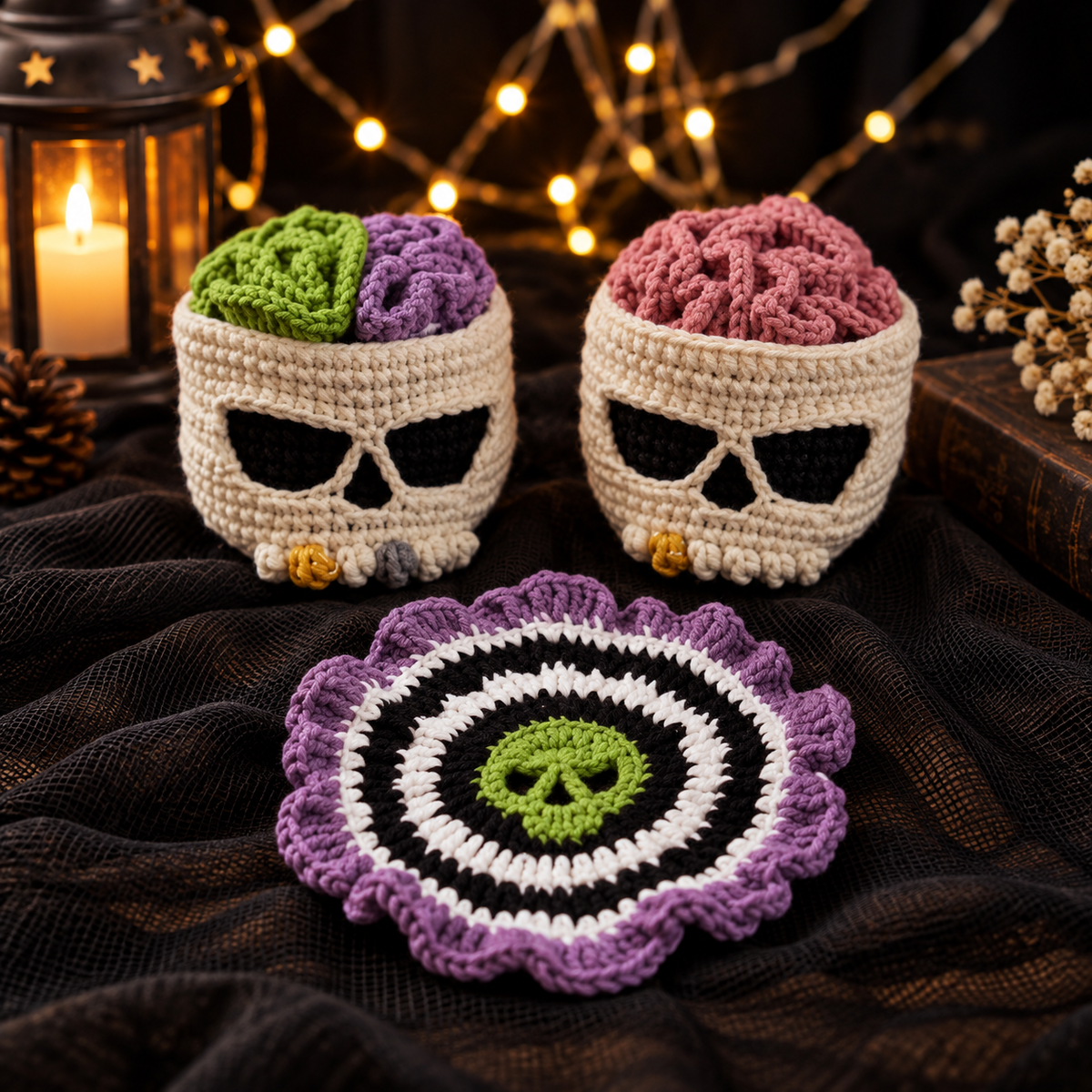 Brainy Skull Coaster Set Crochet Pattern PDF | Halloween Crochet Decor | Skull Coaster Holder | Gothic Home Decor | Spooky Crochet Pattern