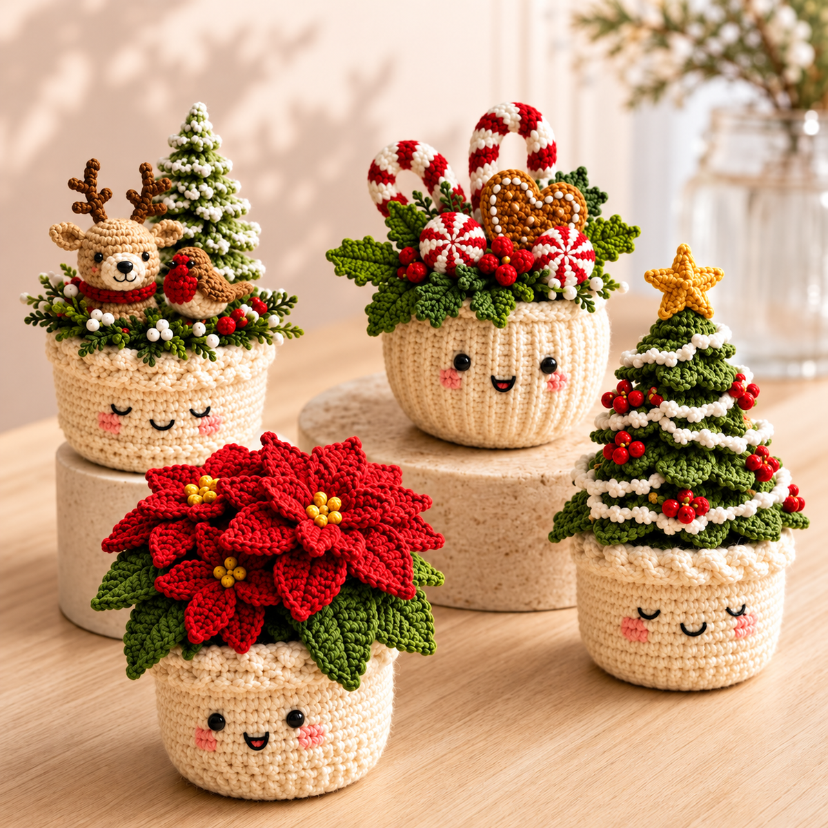 Crochet Pot Pattern Bundle PDF | 4-in-1 Christmas Crochet Patterns | Christmas Tree, Poinsettia & Reindeer | Holiday Home Decor | DIY Christmas Gift