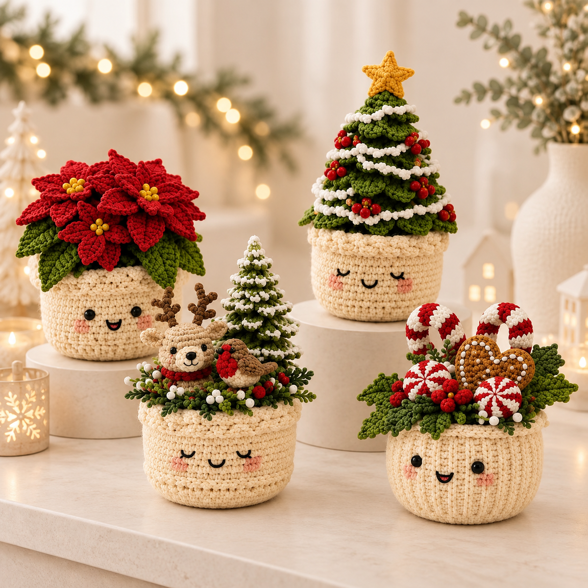Crochet Pot Pattern Bundle PDF | 4-in-1 Christmas Crochet Patterns | Christmas Tree, Poinsettia & Reindeer | Holiday Home Decor | DIY Christmas Gift