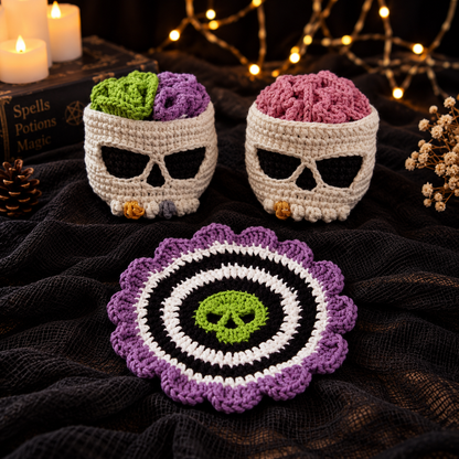 Brainy Skull Coaster Set Crochet Pattern PDF | Halloween Crochet Decor | Skull Coaster Holder | Gothic Home Decor | Spooky Crochet Pattern