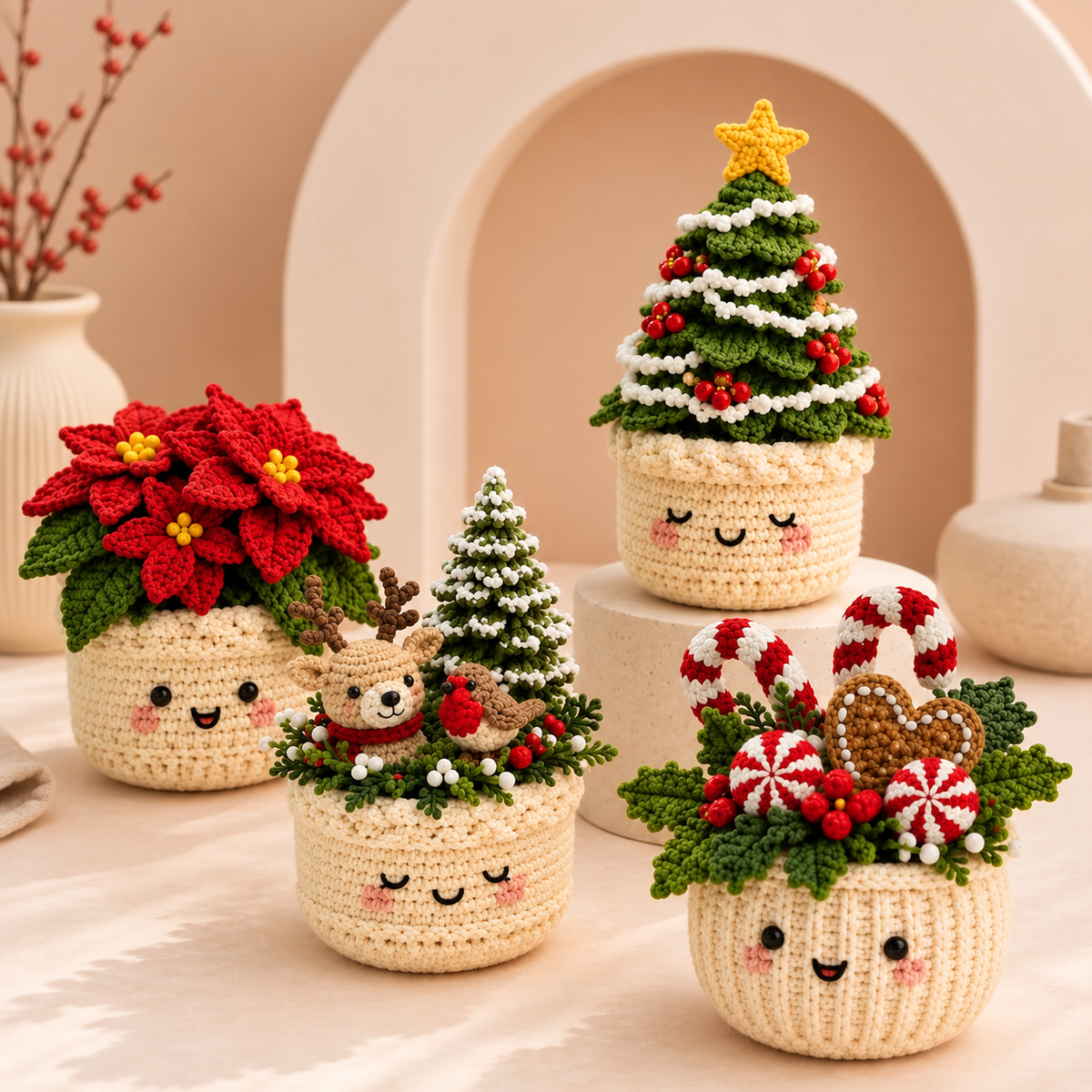 Crochet Pot Pattern Bundle PDF | 4-in-1 Christmas Crochet Patterns | Christmas Tree, Poinsettia & Reindeer | Holiday Home Decor | DIY Christmas Gift