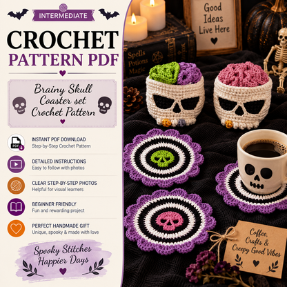 Brainy Skull Coaster Set Crochet Pattern PDF | Halloween Crochet Decor | Skull Coaster Holder | Gothic Home Decor | Spooky Crochet Pattern