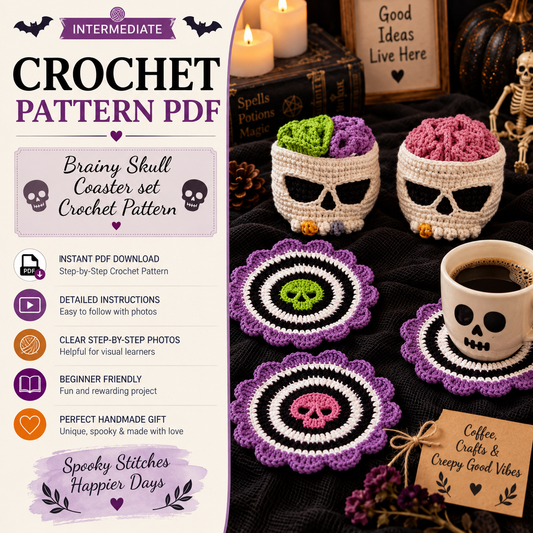 Brainy Skull Coaster Set Crochet Pattern PDF | Halloween Crochet Decor | Skull Coaster Holder | Gothic Home Decor | Spooky Crochet Pattern