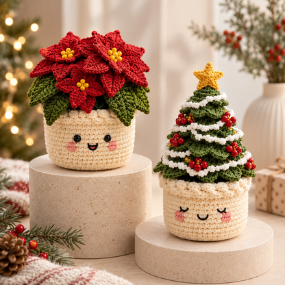 Crochet Pot Pattern Bundle PDF | 4-in-1 Christmas Crochet Patterns | Christmas Tree, Poinsettia & Reindeer | Holiday Home Decor | DIY Christmas Gift