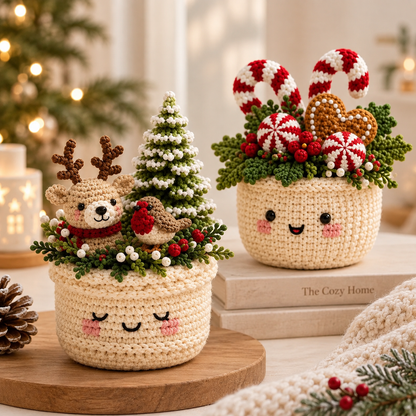Crochet Pot Pattern Bundle PDF | 4-in-1 Christmas Crochet Patterns | Christmas Tree, Poinsettia & Reindeer | Holiday Home Decor | DIY Christmas Gift