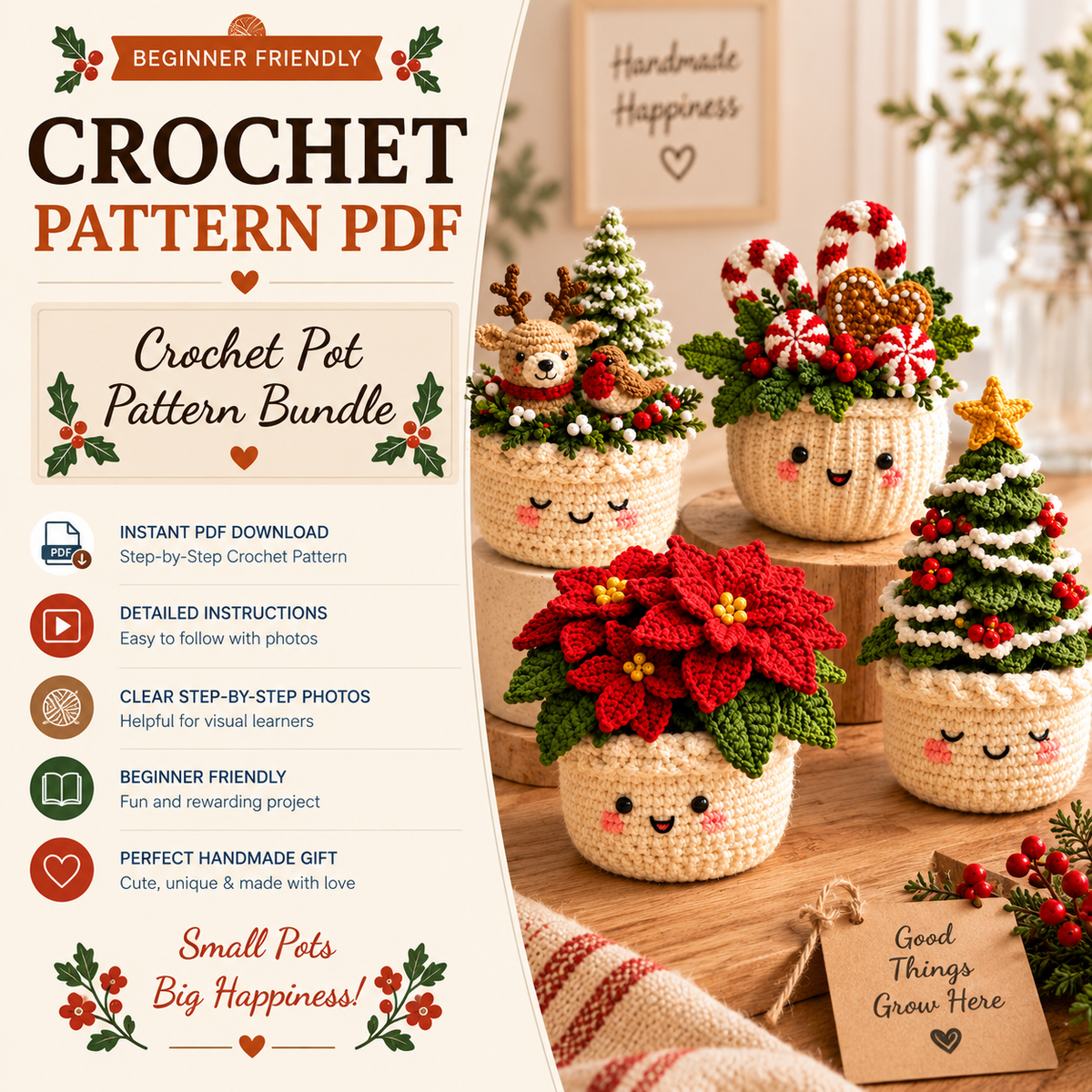 Crochet Pot Pattern Bundle PDF | 4-in-1 Christmas Crochet Patterns | Christmas Tree, Poinsettia & Reindeer | Holiday Home Decor | DIY Christmas Gift